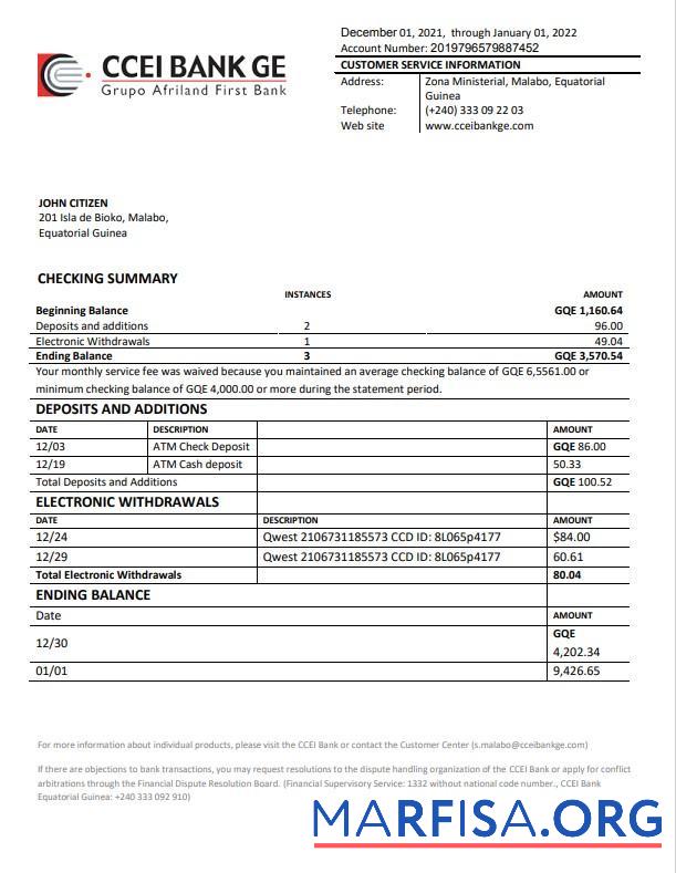 Downloadable Equatorial Guinea CCEI bank statement example